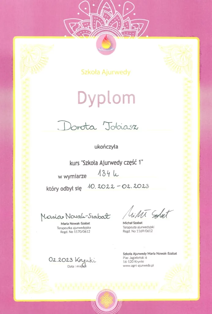 Certyfikat z ajurwedy- udokumentowane wykształcenie